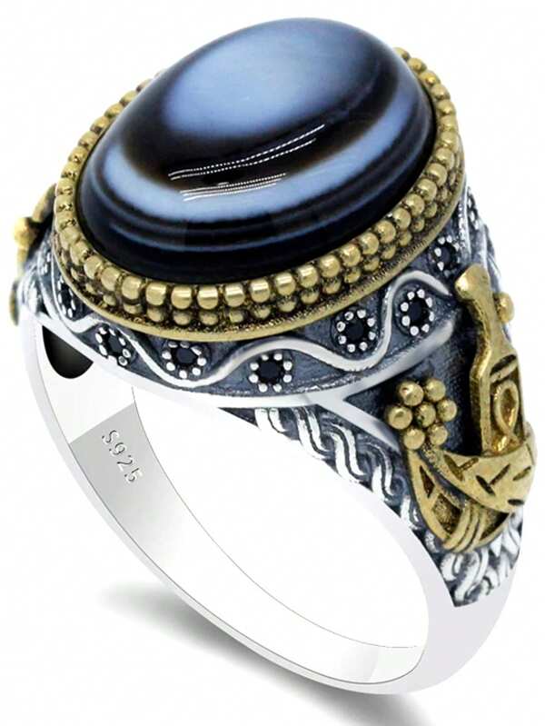 1pc Luxury S925 Silver Men's Ring, Combining Dagger Pattern With Natural Tiger Eye Stone, Jewelry Gift