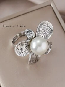 1pc Vintage Distressed Faux Pearl Flower Adjustable Ring - Antique Silver - View 2