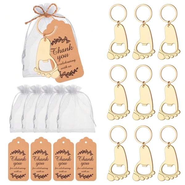 10 chaveiros dourados com pegadas, incluindo bolsa com cordão, cartão e corda - adequados para casamento, chá de panela, presentes para festas de aniversário, lembrancinhas, decoração, lembrancinhas para convidados de casamento, presentes para o Dia dos Namorados, acessórios para cozinha e bar, volta às aulas no Dia dos Namorados