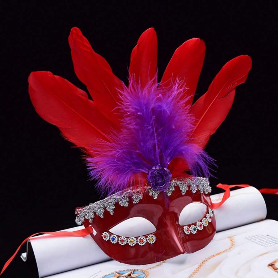 Máscara de antifaz de princesa con pluma para mujer, máscara de fiesta, linda - Multicolor - Ver 1