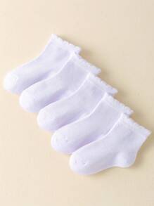 5pairs/Set Girls Thin Solid/Stripe Pattern Lace Ankle Socks For Summer, Casual Style
