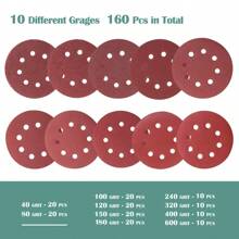 10pcs/160pcs 5-Inch Sanding Disc Hook And Loop Backing Sanding Pad Sandpaper Plate 8-Hole Red Sanding Disc With Coarse To Medium Grits, Suitable For 40/80/100/120/150/180/240/320/400/600 Grit Power Sanding Discs, 5 Inch 8 Hole Round Sanding Disc Tools
