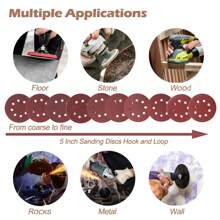 10pcs/160pcs 5-Inch Sanding Disc Hook And Loop Backing Sanding Pad Sandpaper Plate 8-Hole Red Sanding Disc With Coarse To Medium Grits, Suitable For 40/80/100/120/150/180/240/320/400/600 Grit Power Sanding Discs, 5 Inch 8 Hole Round Sanding Disc Tools