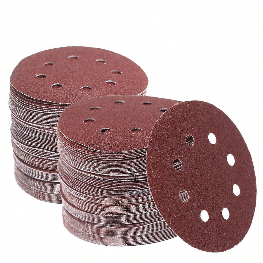 10pcs/160pcs 5-Inch Sanding Disc Hook And Loop Backing Sanding Pad Sandpaper Plate 8-Hole Red Sanding Disc With Coarse To Medium Grits, Suitable For 40/80/100/120/150/180/240/320/400/600 Grit Power Sanding Discs, 5 Inch 8 Hole Round Sanding Disc Tools