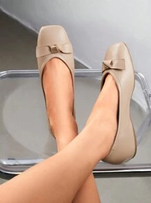 Women's Low Wedge Dressy Flats, Comfortable Square Toe Rhinestone Wedding Shoes - Apricot - View 3