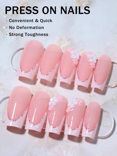 中サイズのフレンチ用24個と3Dフラワー用24個の完全に一致したデザインのアクリルフェイクネイルセットで、見た目を瞬時にアップグレード、ジェリーグルー1個とネイルファイル1個が含まれ、女性や少女の日常生活やパーティーに適しています。