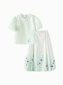 Balabala Set din două piese în stil național 2024 Summer Panda Han Elements Costum pentru copii Fusta cu față de cal Fustă în stil chinezesc nou