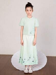 Balabala Set din două piese în stil național 2024 Summer Panda Han Elements Costum pentru copii Fusta cu față de cal Fustă în stil chinezesc nou