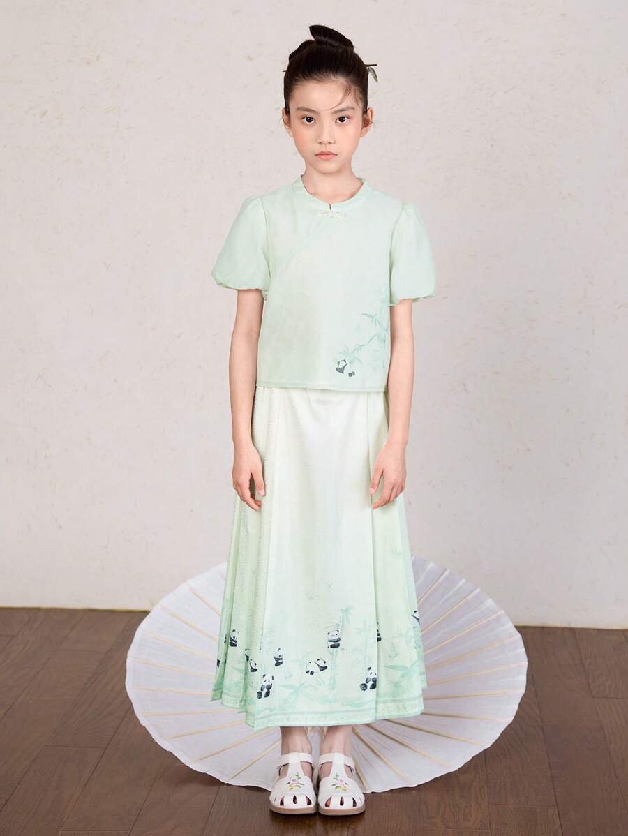 Balabala Set din două piese în stil național 2024 Summer Panda Han Elements Costum pentru copii Fusta cu față de cal Fustă în stil chinezesc nou