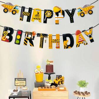 1set Construction Truck Theme Happy Birthday Paper Banner For Birthday Party Background Decoration Supplies,Christmas