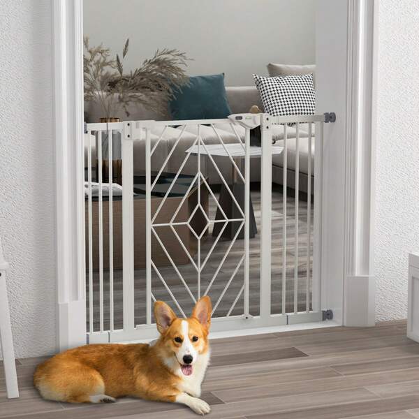 PawHut Hunde Treppenschutzgitter, Hundeabsperrgitter mit automatisch schließender Tür, 74-100 cm, Türschutzgitter, ohne Bohren, Absperrgitter für Hunde, Weiß