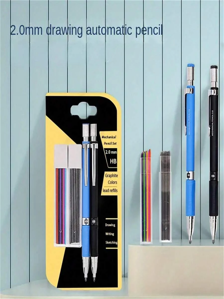 1盒自動鉛筆，2.0mm鉛芯帶有HB+彩色筆芯，可更換，無需削尖，連續繪製和素描項目 - 彩色 - 查看 1