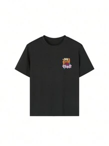 1 pieza Camiseta de manga corta de cuello redondo casual con estampado para adolescentes, camiseta divertida que celebra una infancia alegre, verano - Negro - Ver 2