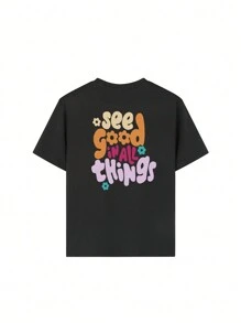 1 pieza Camiseta de manga corta de cuello redondo casual con estampado para adolescentes, camiseta divertida que celebra una infancia alegre, verano - Negro - Ver 3