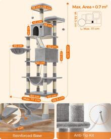 Feandrea Cat Tree, 206 Cm Large Cat Tower With 13 Scratching Posts, 1 Scratching Ramp, 2 Perches, 2 Caves, Basket, Hammock, Pompoms, Multi-Level Plush Cat Condo For Indoor Cats - Light Grey - View 5