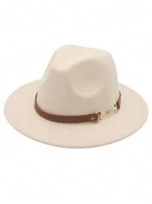 1pc Denim Fedora Hat, Classic Black Wool Felt Vintage Jazz Cap, Adjustable Small Leather Belt Buckle Unisex English Retro Wool Felt Hat, Western Fashion Autumn/Winter Panama Cowboy Felt Hat, Simple Metal Ring Leather Belt Brim Fedora Hat, Versatile Style For Men & Women