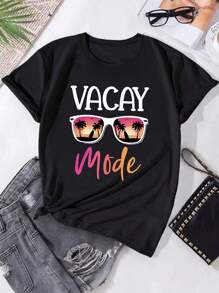 Cotton T-Shirt Girls' Teenagers' Casual Printed Apricot Round Neck Pullover Short Sleeve T-Shirt Summer Top - 黑色 - 查看 1