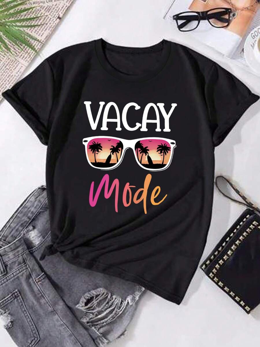 Cotton T-Shirt Girls' Teenagers' Casual Printed Apricot Round Neck Pullover Short Sleeve T-Shirt Summer Top - 黑色 - 查看 1