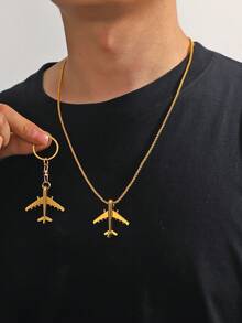 2pcs 3D Creative Fashionable Classic Airplane Metal Keychain And Pendant Set For Men - Gold - View 3