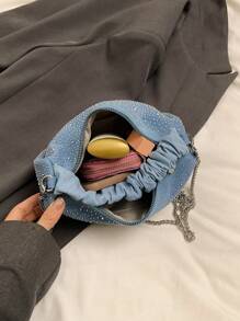 Glamorous Fashionable Solid Color Metal Chain With Rhinestone Decor Ruched Bag Perfect For Party, Wedding, Prom, Dinner/Banquet, Matching With Wedding Dress,Formal Dresses, Prom Dress, Birthday Dress ,Suitable For Festivals/Vacation/Holiday/ Outings/Travel/Stadium,For Women, Girl, College Students