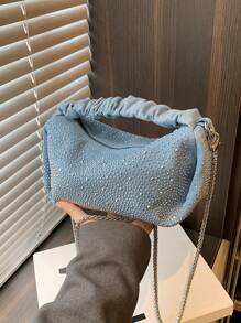 Glamorous Fashionable Solid Color Metal Chain With Rhinestone Decor Ruched Bag Perfect For Party, Wedding, Prom, Dinner/Banquet, Matching With Wedding Dress,Formal Dresses, Prom Dress, Birthday Dress ,Suitable For Festivals/Vacation/Holiday/ Outings/Travel/Stadium,For Women, Girl, College Students