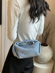 Glamorous Fashionable Solid Color Metal Chain With Rhinestone Decor Ruched Bag Perfect For Party, Wedding, Prom, Dinner/Banquet, Matching With Wedding Dress,Formal Dresses, Prom Dress, Birthday Dress ,Suitable For Festivals/Vacation/Holiday/ Outings/Travel/Stadium,For Women, Girl, College Students