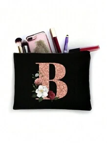 Cosmetic Bag Lady Makeup Bags Wallet Initials 26 Letter Pattern Toiletry Organizer Pouch Wedding Party Wash Bag Zipper Phone Purse Pencil Pouch High-Capacity Make Up Bags Clutch Bag Bridesmaid Make Up Pouch Toiletries Organizer Bag Cosmetic Case Handbag For Travel Storage Cosmetic Bag For Travel School Supplies Travel Essentials Holiday Essentials Makeup Pouch Makeup Organizer Holiday Winter 2024 Make Up Organizer Makeup Storage - Black - View 20
