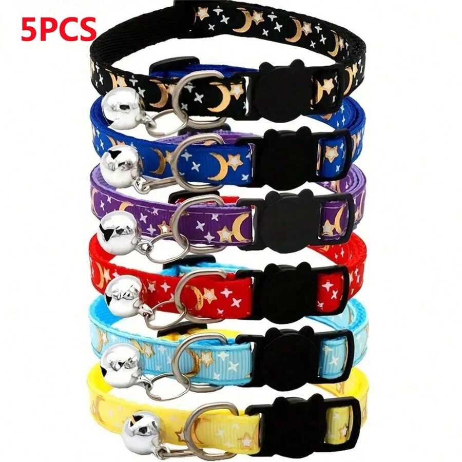 5pcs Random Star & Moon Pattern Pet Collar With Bell, Adjustable Dog Collar With Buckle Pet Accessories - Multicolor - View 1