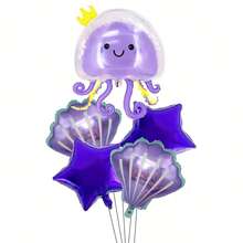 Conjunto de globos de medusa 4D de 5 piezas para fiestas temáticas del océano con decoración impresa de estrella de mar y concha, perfecto como regalo de cumpleaños y para ornamentación - Multicolor - Ver 10