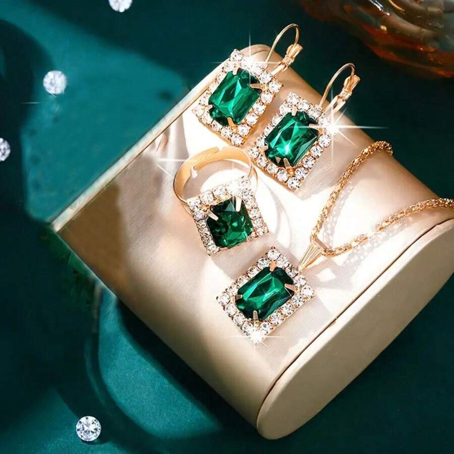 4入組優雅女士祖母綠色方形立方氧化鋯珠寶套裝，包括時尚項鍊，耳環，戒指和豪華女士配飾 - 紅寶石套裝 - 查看 1