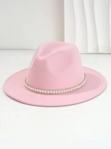 1pc Unisex Solid Color Felt Cowboy Hat With 3D Faux Pearl And Rhinestone Belt Chain And Droplet Shaped Decoration, Comfortable Panama Fedora, Elegant Jazz Cap, Luxurious British Style Top Hat, Unique And Interesting Punk Style Outdoor Bucket Hat For Classy Look, New Vintage Cowgirl Hat Look, Classy Aesthetic, 2024 Wedding Essential, Spring Summer Bright Colors, Suitable For Spring Getaway, Dinner Party Essential, Themed Party, Western Festival, Gathering, Cosplay, Graduation Ceremony, Costume Party, Festival, Wedding, Birthday Party, Music Festival - Pearl Rhinestone - View 5