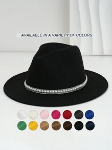 1pc Unisex Solid Color Felt Cowboy Hat With 3D Faux Pearl And Rhinestone Belt Chain And Droplet Shaped Decoration, Comfortable Panama Fedora, Elegant Jazz Cap, Luxurious British Style Top Hat, Unique And Interesting Punk Style Outdoor Bucket Hat For Classy Look, New Vintage Cowgirl Hat Look, Classy Aesthetic, 2024 Wedding Essential, Spring Summer Bright Colors, Suitable For Spring Getaway, Dinner Party Essential, Themed Party, Western Festival, Gathering, Cosplay, Graduation Ceremony, Costume Party, Festival, Wedding, Birthday Party, Music Festival - Pearl Rhinestone - View 1