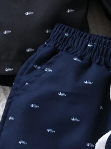 3pcs Young Boy Casual Fishbone Printed Shorts Set, Suitable For Summer Outdoor Activities, School, Daily Wear, Leisure, Vacation, Parties