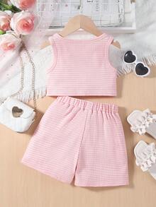 Conjunto de vestimenta sencilla de unicolor para niña joven con blusa y shorts, verano - Rosa - Ver 4