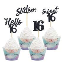 24 件 16 18 21 30 40 50 岁生日纸杯蛋糕装饰物生日蛋糕装饰用品黑色，圣诞节 - 黑色 - 查看 13