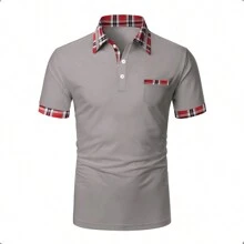Men's Slim Fit Elastic Polo-Type T-Shirt With Checkered Pocket - Grey - View 3