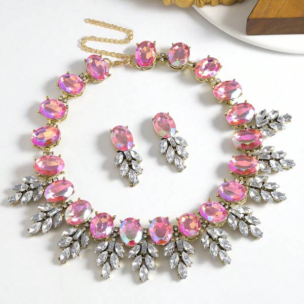 3pcs/Set Luxurious Vintage Colorful Necklace And Earrings Set For Women, Perfect For Wedding, Party And Dance