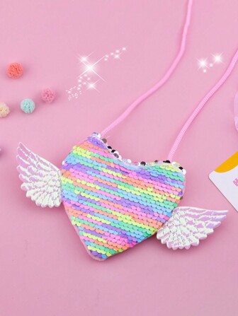 Creative Girl Sequin Coin Wallet Crossbody Bag, The Wing-Shaped Bag In The Cute Shoulder Bag, The Sparkling Pink Unicorn Sequin Shoulder Bag, The Cute Cartoon Crossbody Bag Suitable For Party Outfits And Suburban Outings