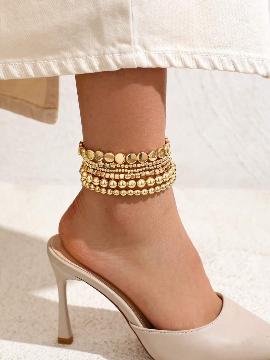 6pcs Personalized CCB Geometric Square & Star Beaded Anklet, Simple & Stylish Foot Jewelry