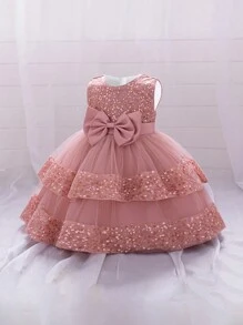 女婴纯色亮片网纱蝴蝶结薄纱蛋糕裙无袖可爱花童派对礼服，不含头饰