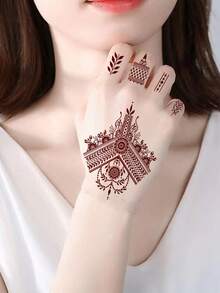[2 tờ] Miếng dán hình xăm tạm thời Henna màu đỏ với hoa văn đại dương, không thấm nước và chống mồ hôi - Đỏ - Xem 4