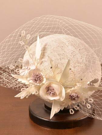 French Style Party Hat Elegant Women Fascinator Hat British Vintage Noblewoman Cap White Prom Bridal Cap With Veil Net Fascinator Lady Derby Cap Wedding Accessory For Women Photography Headwear (Includes Top Hat And Elderly Hat) Valentine's Day Valentines