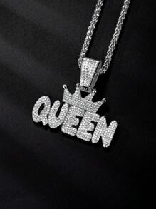 1pc Silver 3D Cubic Zirconia QUEEN Letter Pendant Chunky Figaro Chain Necklace, Unisex. Hip-Hop Style Men's Full Diamonds QUEEN Letter G Chain , Suitable For Daily Wear And Festival, Prefect Gift For Couples And Lovers.