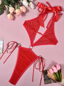 Classic Sexy Halter Neck Bodysuit With Decorative Bow(Stockings Not Included)