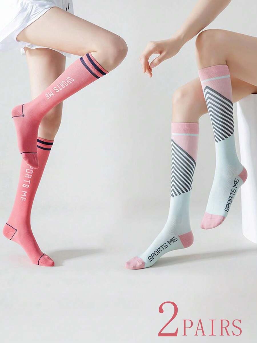 2 Pairs Women Professional Compression Socks For Exercise, Running, Jumping Rope, Thin Long Tube Leg Pressure Socks For Summer - Multicolor - View 1