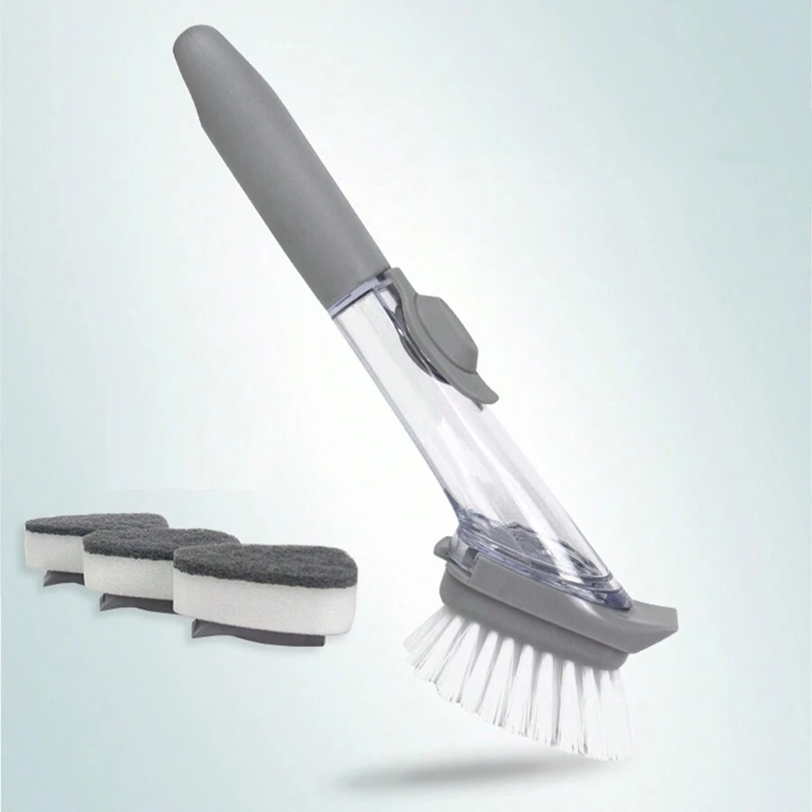 Un cepillo de lavado hidráulico con mango largo, dispensación automática de líquido, cepillo para quitar aceites no adhesivo, cepillo de limpieza para utensilios de cocina, herramienta para lavar platos - Gris - Ver 1