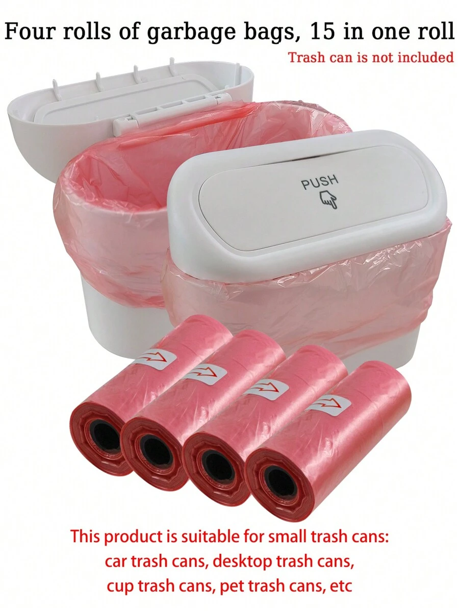 Four Roll Car Trash Bags (60 Pcs), Premium Mini & Small Trash Bags, Waterproof Litter Garbage Bag Organizer, Suitable For Car & Desktop Trash Cans Thickened Plastic Bag - Pink - View 1