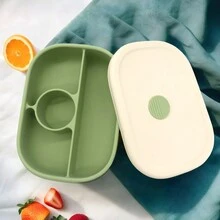 Hộp cơm trưa chuẩn bị bữa ăn bằng silicon có 4 ngăn, Hộp Bento có thể tái sử dụng cho trẻ em/trẻ mới biết đi/người lớn, hộp đựng thực phẩm có thể xếp chồng lên nhau, lò vi sóng/máy rửa chén/tủ đông an toàn - Màu xanh Ô liu - Xem 3
