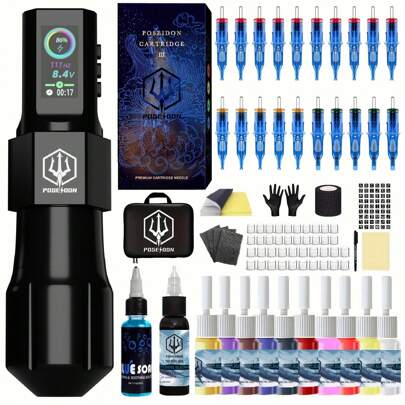 Kit de pluma de tatuaje con pantalla LED a color POSEIDON, inalámbrico, con 20 piezas de agujas de cartucho para tatuaje, 11 tintas para tatuajes y suministros para tatuadores