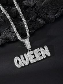 1pc Silver 3D Cubic Zirconia QUEEN Letter Pendant Chunky Figaro Chain Necklace, Unisex. Hip-Hop Style Men's Full Diamonds QUEEN Letter G Chain , Suitable For Daily Wear And Festival, Prefect Gift For Couples And Lovers.